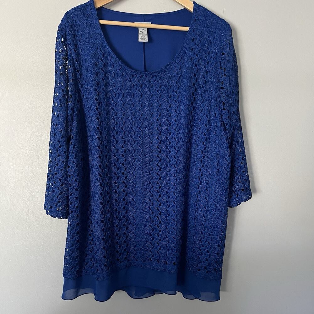 Catherines Women’s Size 3X Tunic Top Lined Swing Chiffon Lace Royal Blue Shimmer